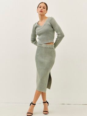 Olive mineral washed raw hem ribbed sweater and skirt set boho cotton maxi dress